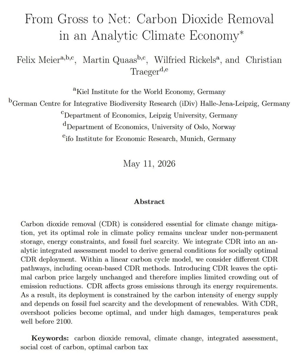 AereOrg's tweet photo. 📢 Just accepted in #JAERE! 📢 
"From Gross to Net: Carbon Dioxide Removal in an Analytic Climate Economy" by Felix Meier, Martin Quaas, Wilfried Rickels (@wilmwilmsen) and Christian Traeger.
📎 Read it here: https://t.co/y0ILLVEIXB https://t.co/tpxJEWYFLL