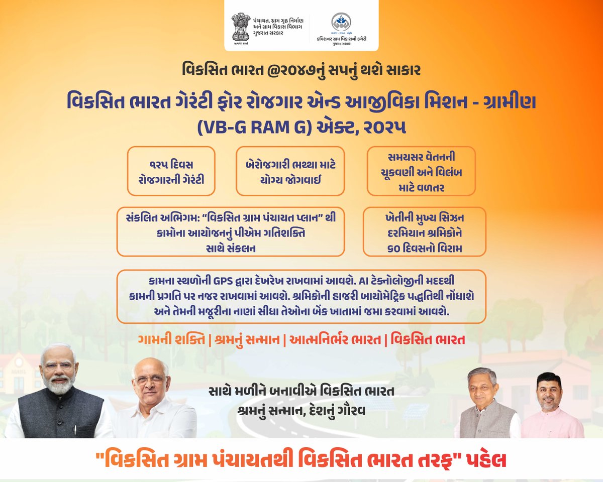VBGRAMG_GUJARAT's tweet photo. વિકસિત ભારત ગેરંટી ફોર રોજગાર એન્ડ આજીવિકા મિશન - ગ્રામીણ (VB-G RAM G) એક્ટ, ૨૦૨પ  
 
#VBG #VBGRAMG #VIKSHITBHARAT #MGNREGA #CRD_GUJARAT #125daysGuarantee_G_RAM_G #ViksitBharat_G_RAM_G #MoRD
@MoRD_GoI @CMOGuj  @crdgujarat1 @kunvarjibavalia  @MLASanjaysinh https://t.co/d54ZmLhFpG