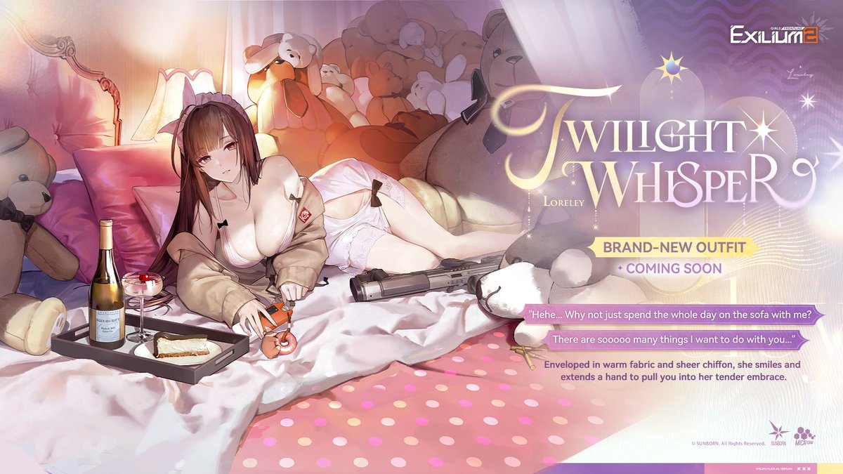 GFL2EXILIUM_EN's tweet photo. Loreley's Outfit | Twilight Whisper

"Hehe... Why not just spend the whole day on the sofa with me? There are sooooo many things I want to do with you..."

Commander, Loreley's outfit [Twilight Whisper] with swappable accessories will be available in the Outfit Procurement on June 25 after maintenance. 

*The outfit comes with orange-quality swappable accessories. Please check in-game for more details after it releases.

>> Download on mobile and PC: https://t.co/3G02IJclog
#GirlsFrontline2Exilium #gfl2exilium