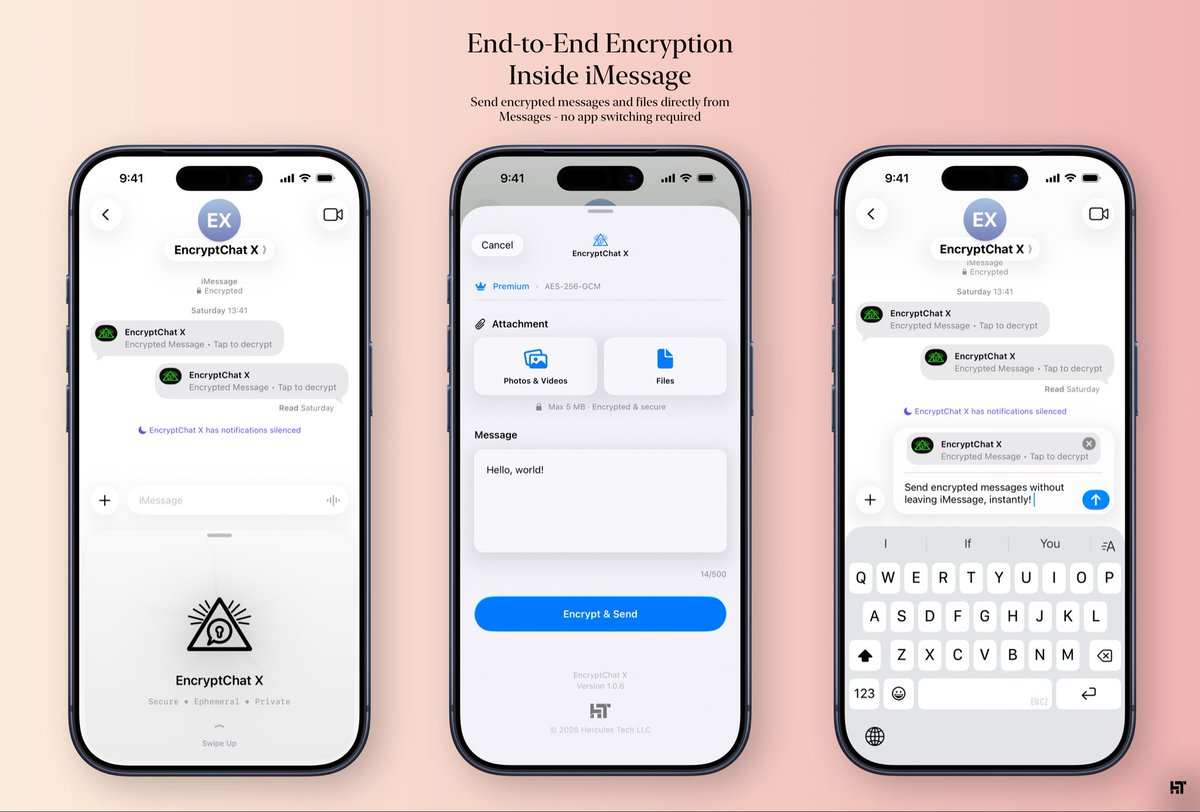 herculestechllc's tweet photo. The EncryptChat X message composer. Tap +. Pick “EncryptChat X “ the app. Type. Send. That's it, encrypted, no servers, gone after one read.
Free Download:
https://t.co/vzhNwqWkHz
#EncryptChatX #Privacy #iMessage #Entrepreneur #Startup #Trending #iPhoneApps #PrivacyFirst https://t.co/F6PTcT4roq