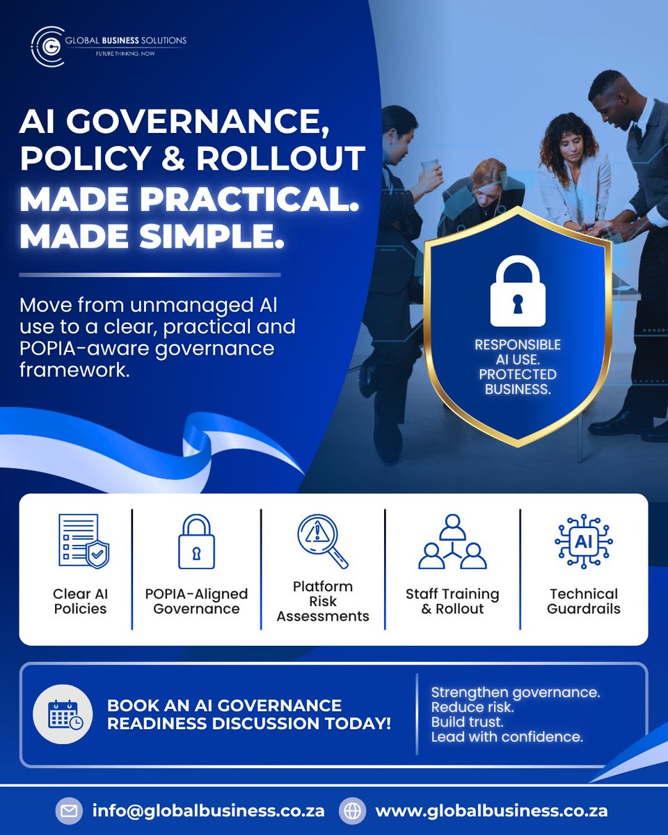 GBSinSA's tweet photo. 🤖AI is already in your workplace. The question is — do your people know the rules?
Book a 30-minute AI Governance Readiness Discussion with GBS today: sue@globalbusiness.co.za | https://t.co/cigTMQRl52 The page also includes a FREE AI Governance &amp; Compliance resource.#GBS https://t.co/OrVGq6ePUZ