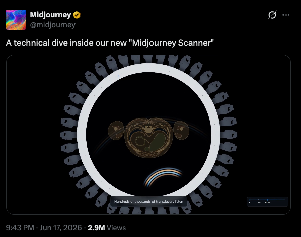 prompterminal's tweet photo. I earned a Ph.D. in flexible ultrasonic transducers so you don't have to.

Midjourney just unveiled a full-body medical scanner marketed as a spa device. You step into a water bath and a ring of chips fire sound through your body, scanning top to bottom like a photocopier. The echoes get rebuilt into a 3D map of everything inside you. No radiation, no magnets, 60 seconds, non-invasively.

So, we have AI image company that built an MRI competitor out of an array of sound. Not as crazy as it sounds.

This whole thing starts with the chips. Each one is a grid of thousands of tiny devices called capacitive micromachined ultrasonic transducer (CMUTs). Here's how they work.