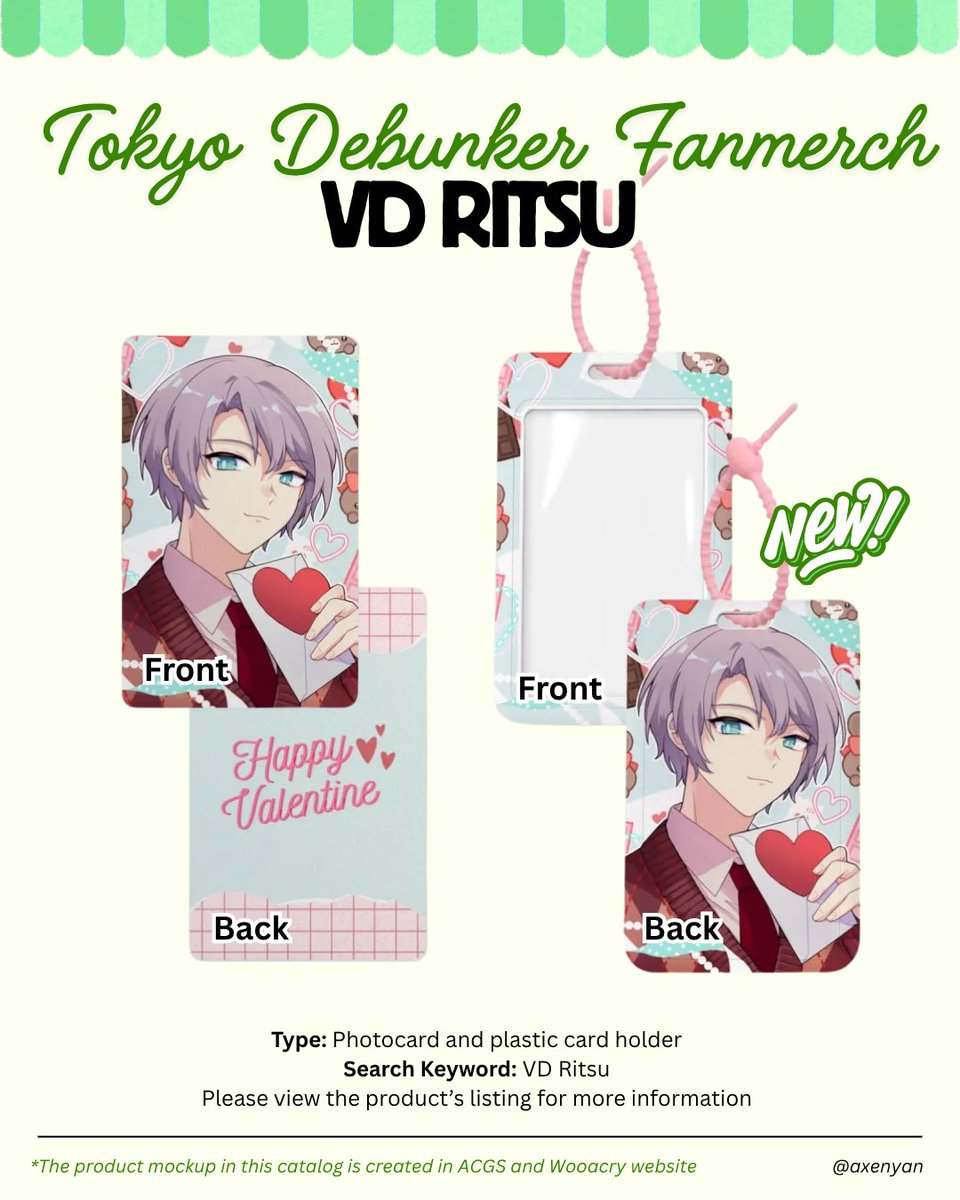 axenyan's tweet photo. 💚 Tokyo Debunker

- VD Ritsu plastic card holder
- Acrylic standee for DW Chic and Waves of Love Minimini
- Deadly in Love Minimini 

[4/5] https://t.co/36LIQkYZfU