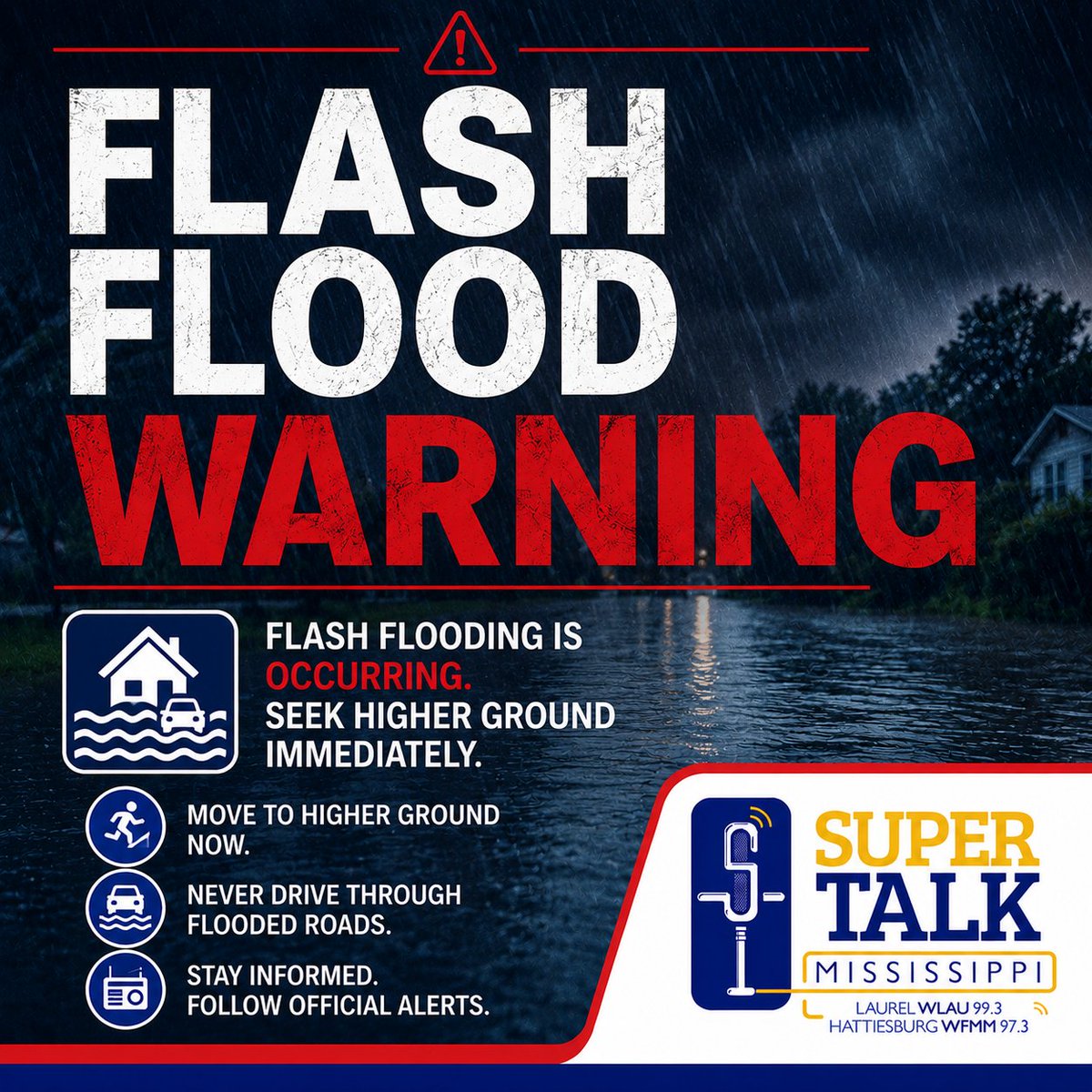 SuperTalkWFMM's tweet photo. The National Weather Service in Jackson has issued a Flash Flood Warning for Southeastern Covington County, Forrest County, Southern Jones County and Lamar County until 8:45 AM. https://t.co/LU5GdsFKm3