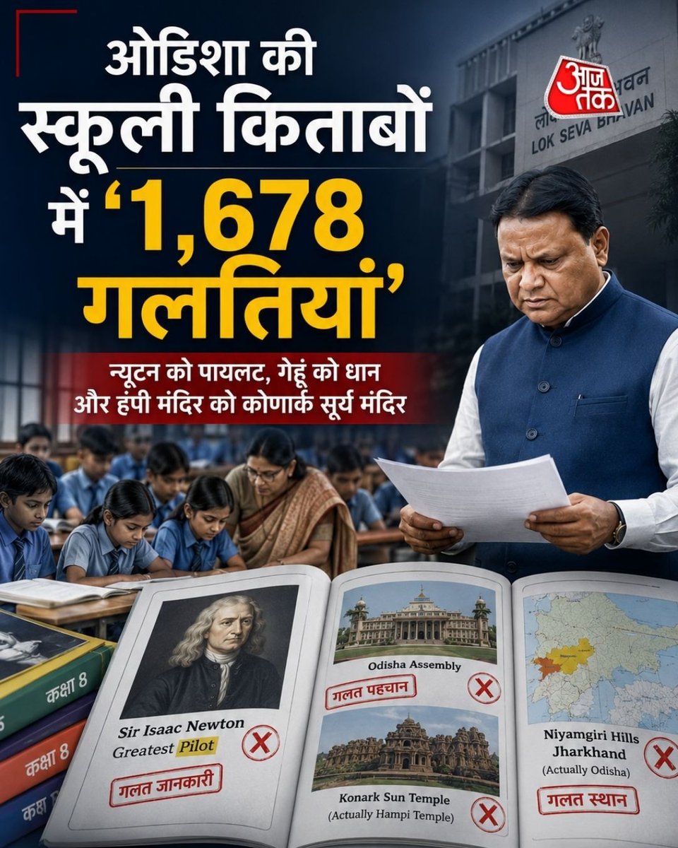 aajtak's tweet photo. ओडिशा में कक्षा 1 से 8 तक की नई स्कूल किताबों में 1,678 गलतियां मिलने के बाद बड़ा विवाद खड़ा हो गया है। ये किताबें राष्ट्रीय शिक्षा नीति (NEP) 2020 और ओडिशा करिकुलम फ्रेमवर्क 2025 के तहत तैयार की गई थीं। इनमें तथ्य, तस्वीरों और विषयों से जुड़ी कई गंभीर गलतियां सामने आई हैं।

गलतियों में वैज्ञानिक आइज़ैक न्यूटन को "महान पायलट" बताना, कर्नाटक विधानसभा की तस्वीर को ओडिशा विधानसभा बताना, हम्पी मंदिर को कोणार्क सूर्य मंदिर बताना और नियामगिरि पहाड़ियों को ओडिशा की जगह झारखंड में दिखाना शामिल है। इसके अलावा गेहूं को धान, तापमान को दबाव और फूड वेब को फूड साइकिल बताया गया है। सबसे ज्यादा 705 गलतियां सिर्फ कक्षा 8 की किताबों में मिली हैं।

मामले को गंभीर मानते हुए मुख्यमंत्री मोहन चरण माझी ने उच्चस्तरीय जांच के आदेश दिए हैं। उन्होंने विकास आयुक्त की अध्यक्षता में तीन सदस्यीय समिति बनाई है, जिसे 7 दिनों के भीतर अपनी रिपोर्ट देनी होगी। सरकार ने कहा है कि इस लापरवाही के लिए जिम्मेदार अधिकारियों और संस्थाओं की पहचान कर उनके खिलाफ सख्त कार्रवाई की जाएगी।

छात्रों की पढ़ाई प्रभावित न हो, इसके लिए शिक्षा विभाग ने सभी स्कूलों को संशोधन सूची (Corrigendum) भेज दी है। शिक्षकों को निर्देश दिया गया है कि वे छात्रों को पढ़ाते समय इसी संशोधित सूची का इस्तेमाल करें।

#Odisha #OdishaNews #SchoolBooks #TextbookErrors #EducationNews #ATCard #AajTakSocial