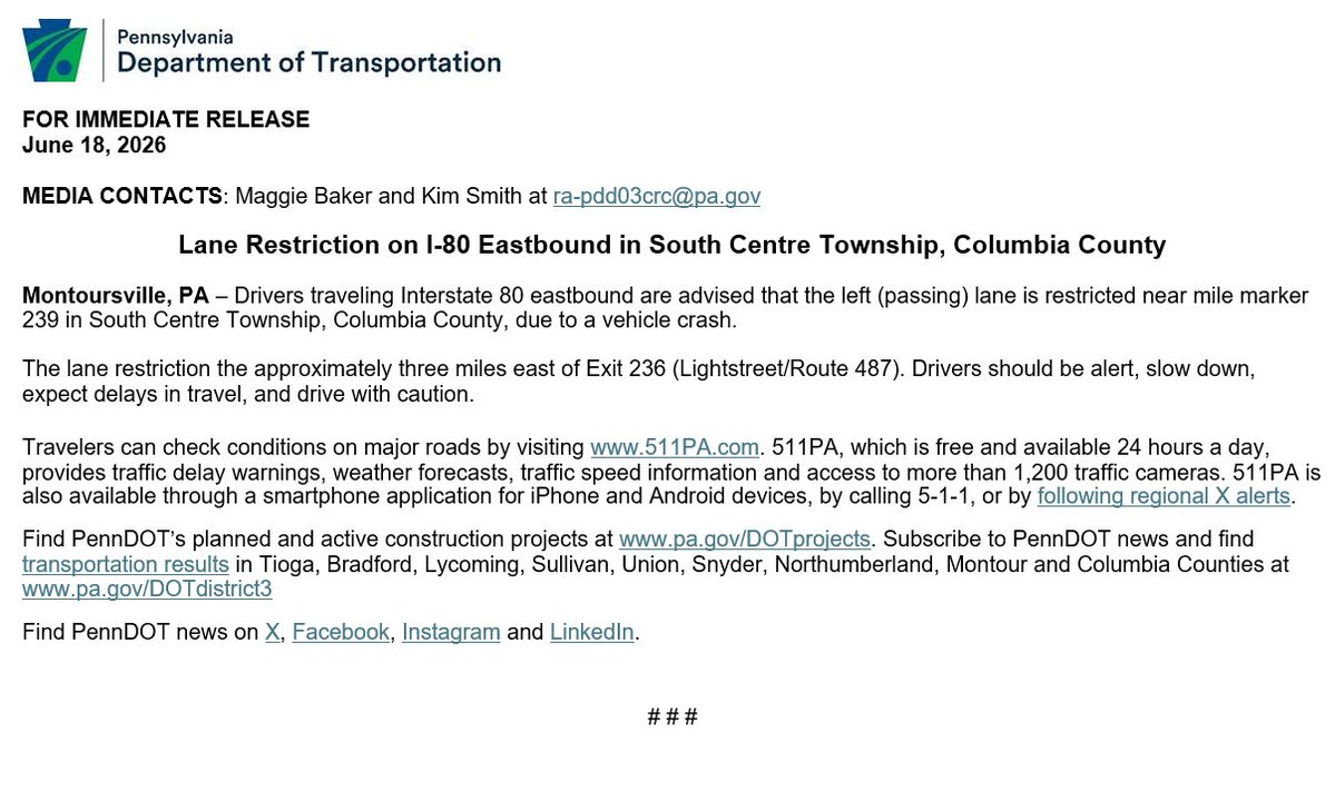 ColumbiaCoEMA's tweet photo. PennDOT: Lane Restriction https://t.co/Xbzn3oPRkZ