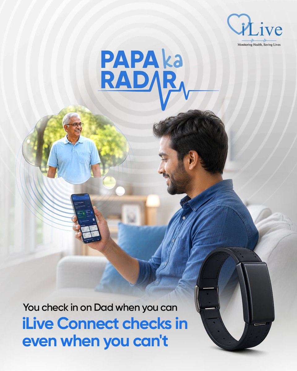 iLiveconnect's tweet photo. Life gets busy. Work, responsibilities, and distance can make it difficult to check in as often as you'd like.

With iLive Connect, you can stay connected to Dad's wellbeing through continuous health monitoring and timely insights, helping you stay informed, even when life gets in the way.

#iLiveConnect #PapaKaRadar #HealthyAgeing #CareForDad