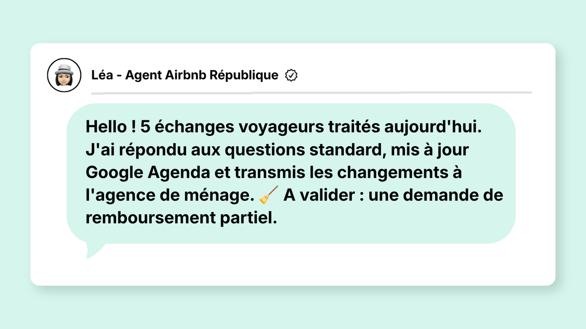 leploutos's tweet photo. J'ai livré un agent Hermes à un proprio Airbnb qui avait un problème très simple : ses voyageurs lui écrivaient partout. Messages Airbnb, mails, WhatsApp.

Questions avant l'arrivée, horaires, digicode, ménage, départ tardif, problème dans les logements, demande bizarre à 23h, infos à transmettre à l'agence de ménage.

Avant, il devait tout lire lui-même, retrouver la réservation, regarder le calendrier, vérifier les consignes, répondre au voyageur, prévenir le ménage, puis noter ce qui devait être fait.

Sur le papier, ça ressemble à "répondre à des messages". En pratique, c'est plein de petites décisions :

- Est-ce que le voyageur qui arrive demain peut venir poser ses valises ?
- Est-ce qu'on peut accepter son horaire ?
- Est-ce que le ménage a assez de temps ?
- Est-ce que la demande sort du protocole ?
- Est-ce qu'il faut prévenir le propriétaire ?
- Est-ce qu'on peut répondre tout de suite ou demander validation ?

L'agent IA récupère les messages, regarde la réservation, vérifie Google Agenda, applique les règles du propriétaire, répond directement quand c'est cadré, et remonte les cas sensibles.

Il gère aussi la relation avec l'agence de ménage : horaires, infos utiles, changements, rappels. Quand il faut remplir l'outil sur le site web de l'agence, il le fait aussi : date, heure, logement, consignes, données utiles.

Chaque soir, le propriétaire reçoit un résumé simple :
les arrivées à venir, les échanges importants, les tâches faites, les messages à valider, les points à surveiller. On parle déjà de plusieurs heures récupérées chaque semaine par logement.

Quand tout repose sur le propriétaire, chaque nouveau bien ajoute de la charge mentale : plus de messages, plus de ménage, plus de coordination, plus de risques d'oubli. Quand le protocole est posé et que l'agent tient le fil, ajouter un cinquième ou un sixième logement devient beaucoup plus réaliste.

Le ROI vient du temps gagné, des erreurs évitées, des réponses plus rapides, et surtout de cette possibilité de scaler sans rajouter une couche de chaos à chaque nouveau bien.