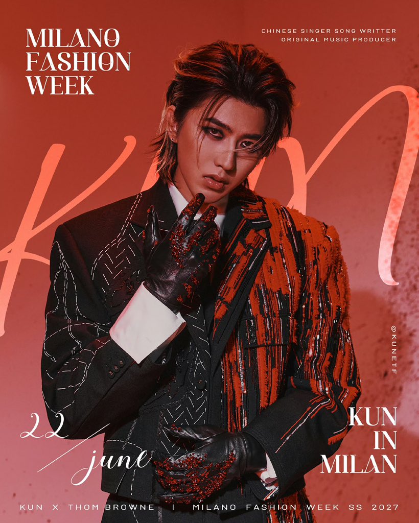 UnstoppableKun's tweet photo. Countless Chinese fans, over 90 million in total, look forward to witnessing KUN’s exclusive Thom Browne styling in Milan. 
KUN for MFW 2026
 #KUN #THOMBROWNE #KUNxTHOMBROWNE @kun_officialx @ThomBrowne https://t.co/2dQ6UyaQrA
