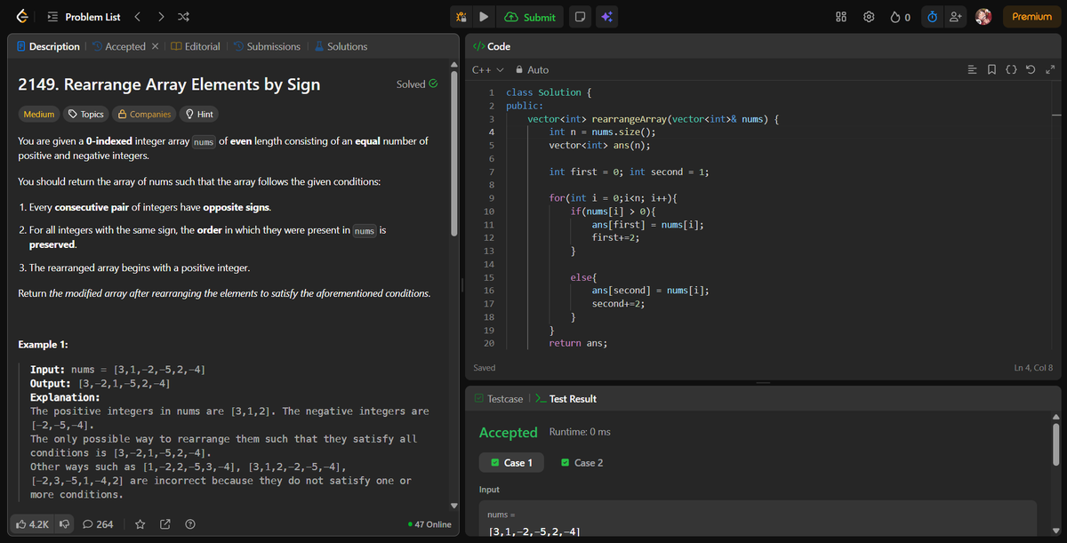 rohhannn01's tweet photo. Day 60 🚀
Solved leetcode 2149 - Rearrange Array Elements by sign...
Rearranged the array to alternate positive and negative numbers while preserving their order.
Used an extra space with seperate indices for efficient 0(n) placement..........😺
#leetcode #dsa #day60 #array https://t.co/n4YBFn1cA4
