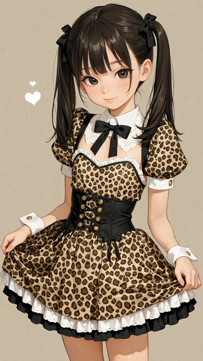 AliceLavli's tweet photo. ヒョウ柄のワンピースをどうぞ✨
girly leopard print one-piece dress, warm beige, caramel brown and black color scheme, fitted bodice with sweetheart neckline, short puff sleeves with gathered cuffs, slim waist silhouette, soft A-line skirt with gentle flare, all-over classic leopard print pattern, black satin ribbon bow at the chest, black lace trim along the neckline and hem, layered ruffle underskirt peeking slightly beneath the hem, decorative gold buttons, soft satin texture, glamorous yet feminine style, strict color placement, beige base fabric only, caramel brown spots only, black leopard markings only, black ribbon and lace only, gold accents only, fixed neckline shape, fixed waist position, fixed A-line silhouette, clean color boundaries