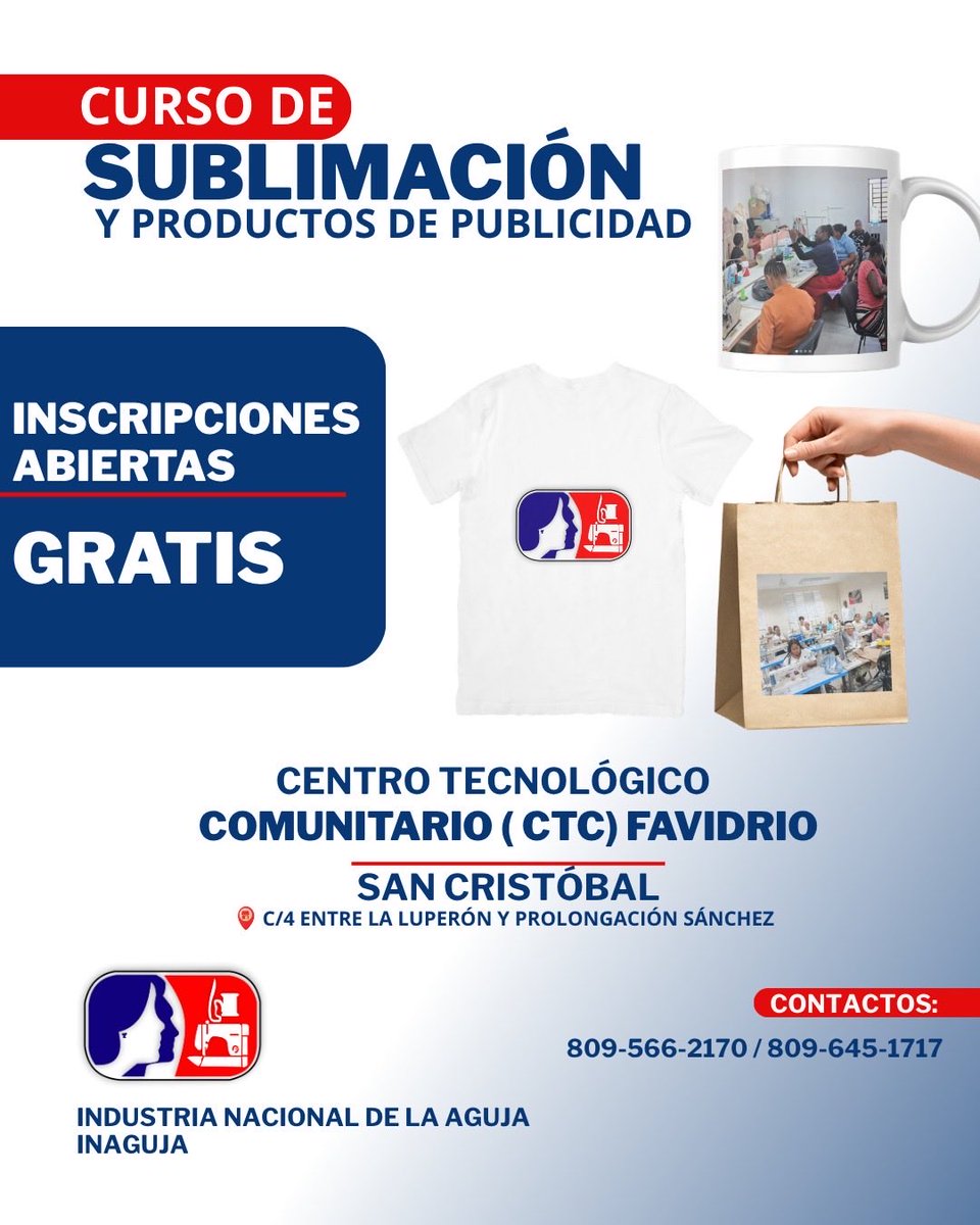 InagujaRD's tweet photo. ¡Inscripciones abiertas! 

¿Te interesa aprender sublimación y productos de publicidad? Esta es tu oportunidad de capacitarte totalmente GRATIS y adquirir conocimientos para emprender o fortalecer tu negocio.

✅ Curso de Sublimación y Productos de Publicidad
✅ Gratuito https://t.co/BSi9pSTyLi