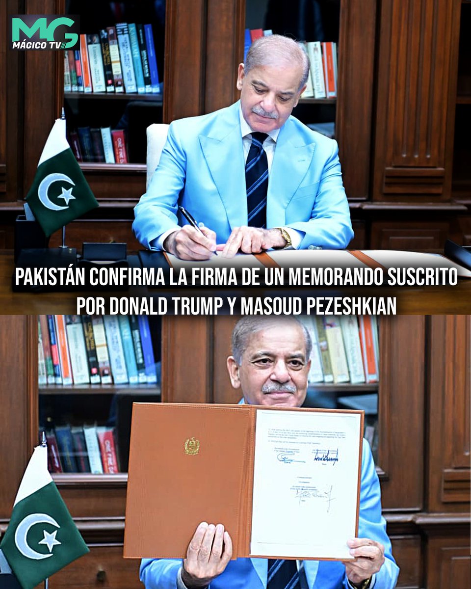 _MagicoTV's tweet photo. Pakistán | Primer ministro firma como tercero un memorando suscrito por Donald Trump y Masoud Pezeshkian
La Oficina del Primer Ministro de Pakistán informó que el primer ministro, Shehbaz Sharif, firmó el denominado Memorando de Entendimiento de Islamabad en calidad de tercero.

Según la información divulgada por la oficina gubernamental, el documento también cuenta con las firmas del presidente de Estados Unidos, Donald Trump, y del presidente de Irán, Masoud Pezeshkian.

Las autoridades paquistaníes calificaron el acuerdo como un Memorando de Entendimiento de Islamabad y destacaron la participación de los tres líderes en el documento.

Hasta el momento, la comunicación oficial no detalla públicamente el contenido completo del memorando ni los compromisos específicos asumidos por las partes firmantes. Sin embargo, el anuncio se produce en medio de la atención internacional sobre las relaciones diplomáticas entre Estados Unidos e Irán y los esfuerzos orientados a fortalecer mecanismos de entendimiento entre ambas naciones.

La participación de Pakistán como firmante en calidad de tercero sitúa a Islamabad como parte del proceso que dio origen al documento, según la información difundida por la oficina del primer ministro.