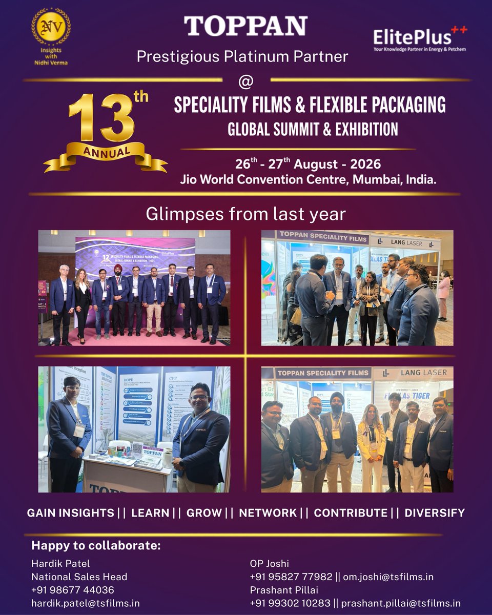 TSF_CorpComm's tweet photo. Toppan Speciality Films is proud to be the Platinum Partner at the 13th Speciality Films &amp; Flexible Packaging Global Summit &amp; Exhibition 2026.
📅 26–27 Aug 2026 | 📍 Mumbai
Join us to explore our latest packaging film innovations.
#TSFAtGlobalSummit2026 #FlexiblePackaging #TSF https://t.co/GSdJW5JLG8