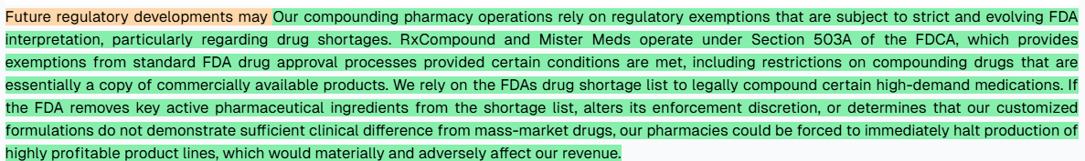 d__risk's tweet photo. $ETST - Earth Science Tech, Inc. - 10K - Updated Risk Factors

ETST sharpens risks around dependence on MOC Teledoc’s provider network and CPOM compliance, plus new exposure from FDA 503A compounding rules and drug-shortage changes that could abruptly shut profitable pharmacy lines and hit revenue. #PharmaceuticalCompliance #ProviderNetworkRisk #FDARegulations #DrugShortages #RevenueImpact

🟢 Added 🟠 Removed

https://t.co/ViOXvmEsMY