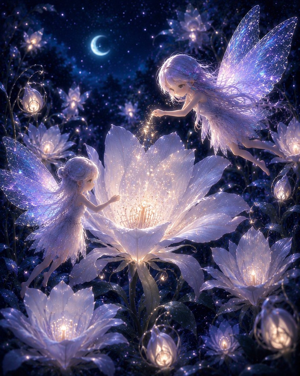 huruuti's tweet photo. 月光花を咲かせる妖精たち🧚🌙 https://t.co/784UKo6c2U