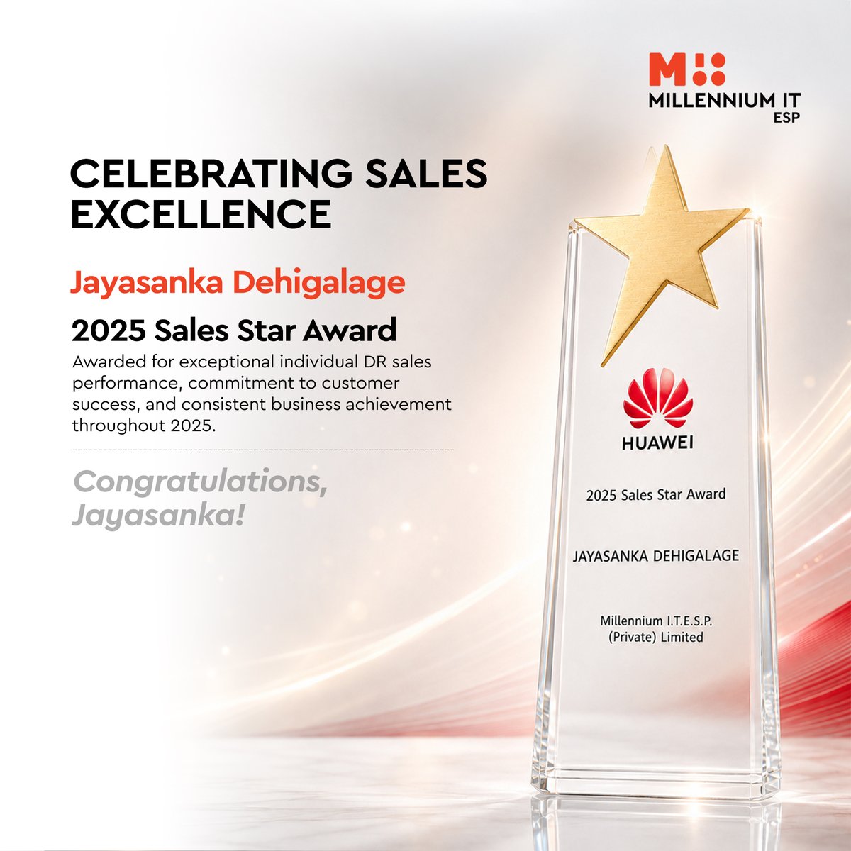 MillenniumITESP's tweet photo. #MITESP is recognised at the @Huawei South Asia Partner Summit 2026 for business growth, technical expertise, and sales excellence

🏆 Top DR Contribution Award – Sales Revenue 
🏆 Solutions Star Award &amp; HCIE Award – Lahiru Pathiranage
🏆 Sales Star Award – Jayasanka Dehigalage https://t.co/TFLgA7xOlL