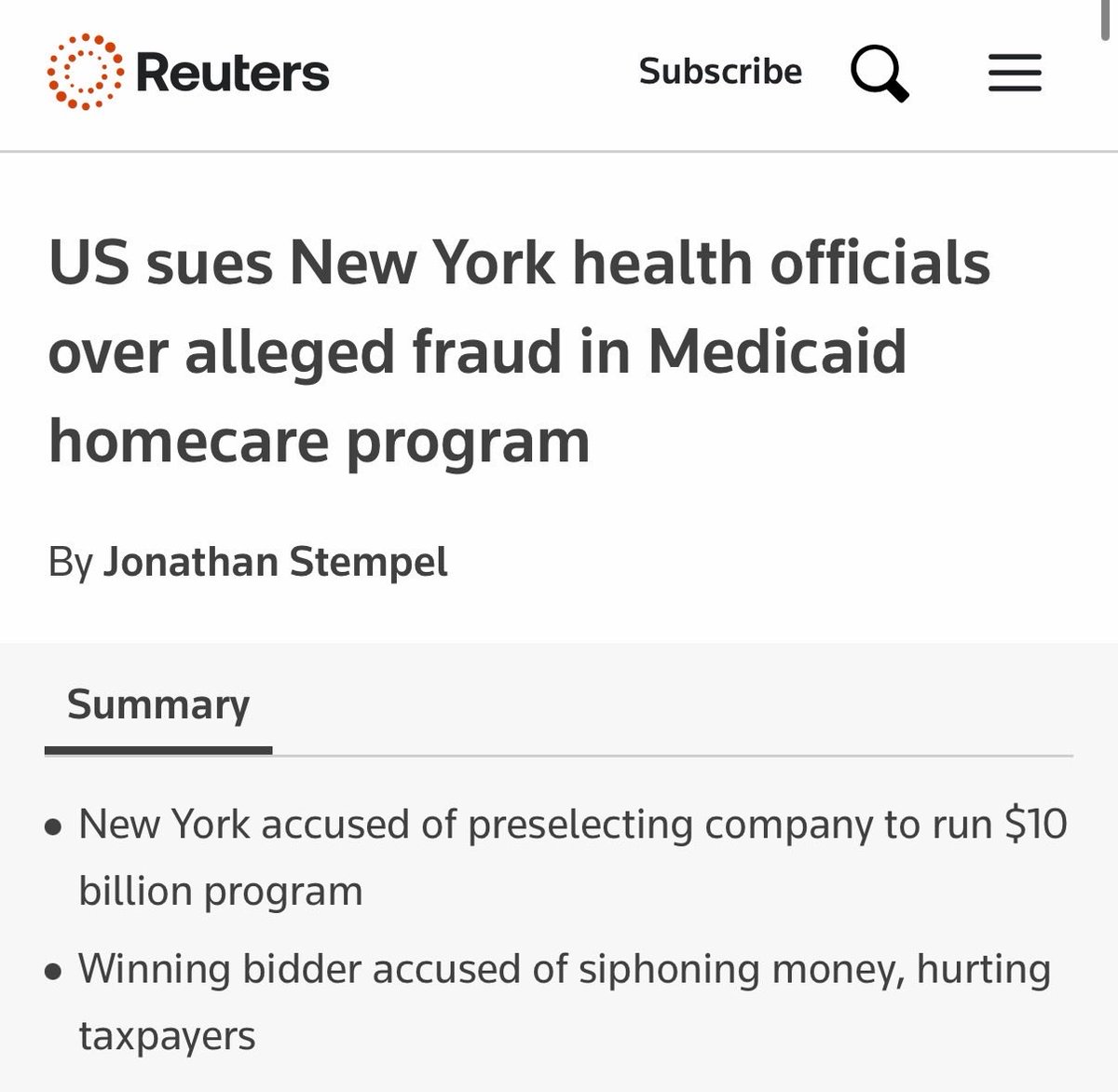 AkivaShapiro's tweet photo. Lots of coverage of the incredible bid-rigging and fraud case brought by DOJ against NY health officials and the preselected “winning” bidder of a multibillion dollar public contract. 

This is vindication for my client Freedom Care, which brought this bid-fixing to light in our lawsuit last year against the NY Department of Health and its top official. 

In a plot worthy of Suits, the first whistleblower surfaced on the afternoon before our TRO hearing. We rushed to interview him and submit his affidavit revealing the fraud minutes before the judge came onto the bench the next morning. But that (and mounds of subsequent evidence) wasn’t enough to convince the court, because State officials and the winning bidder denied and obfuscated and denied again. 

DOJ, however, has investigative powers that no private citizen can muster. And that’s what it took to finally and fully reveal this “massive fraud scheme,” including internal emails admitting the winning bidder submitted what one of its officials called a “recklessly low bid” to get the contract, knowing they would fraudulently take other moneys once they were ensconced. As one employee bragged to another, “this hourly rate game is going to become our hobby.”

A TV-worthy smoking gun.