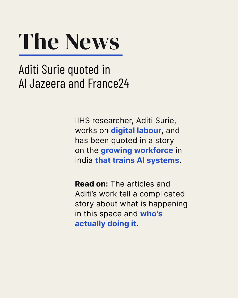 iihsin's tweet photo. Who is actually training physical AI—and what kind of work does it involve?

IIHS researcher Aditi Surie has been quoted in recent stories by Al Jazeera and France24 on India’s growing AI-training workforce.

Behind tasks such as teaching robots to fold a towel or slice a mango lies a complex process of capturing, assessing and qualifying data. This work demands not only physical precision, but also significant cognitive skill, judgement and attention.

The workforce itself is equally varied: from workers in factories and workshops to educated women undertaking data work from home, each entering the sector with different skills, constraints and bargaining positions.

Learn more: https://t.co/z6vJIQNwZ0