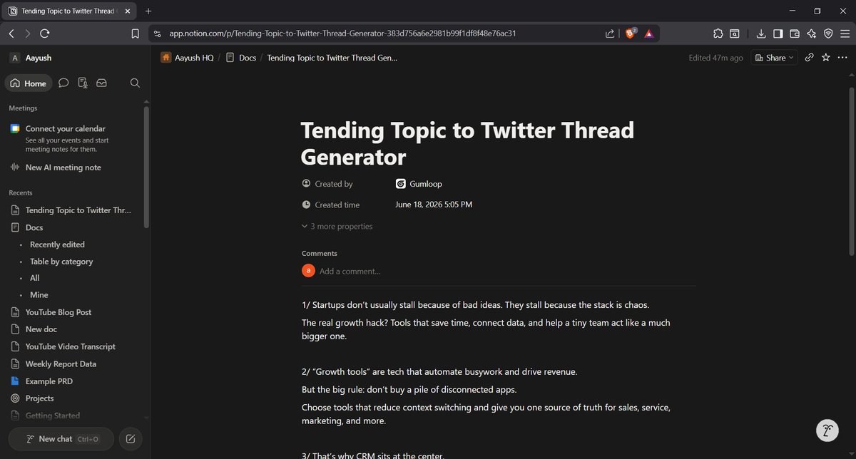aayush_cs26's tweet photo. Built a no-code automation that turns any trending topic into a ready-to-post Twitter thread 🧵
Topic in a Google Sheet → it researches, writes a 5-7 tweet thread, saves to Notion & emails me. Zero manual writing.
Built in Gumloop 👇
#NoCode #AI #Gumloop https://t.co/IPv9arhxIl