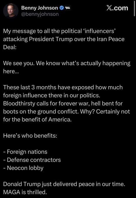 EsotericCD's tweet photo. There's so much I could criticize about this, but then it's Benny Johnson so why bother? I will only point out the roaring hilarity of him ending unironically with a positive invocation of Chamberlain. 

"Donald Trump just delivered peace in our time. MAGA is thrilled." Remember those words.