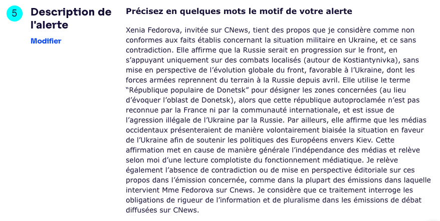 cyprien_ronze's tweet photo. Je vous annonce que j'ai saisi l'ARCOM à la suite des propos inacceptables tenus par Xenia Fedorova, hier soir, sur @CNEWS, dans l'émission 100% Politique.

J'ai justifié cette saisine par deux motifs :

1. Absence de rigueur dans le traitement de l'information : 
(a) Propos non conformes à la réalité : Mme Fedorova a tenu des propos fallacieux en affirmant que l'évolution sur le front est favorable à la Russie, en se fondant sur une seule localité (Kostiantynivka), alors que la Russie recule globalement depuis avril
(b) reprise des éléments de propagande du Kremlin : elle utilise naturellement le terme "République de Donetsk", une entité autoproclamée non reconnue par la communauté internationale
(c) propos relevant d'une logique complotiste : Mme Fedorova estime que la communication de l'Occident - sous-entendu les politiques et les médias - est toujours favorable à l'Ukraine (même quand celle-ci recule - ce qui n'est pas le cas actuellement), afin de justifier le soutien financier à Kiev.

2. Absence de contradicteur et de diversité des points de vue et des opinions : en clair, personne ne peut rétablir les faits, tels qu'ils sont, laissant l'audience du @CNEWS avec la seule version du Kremlin.