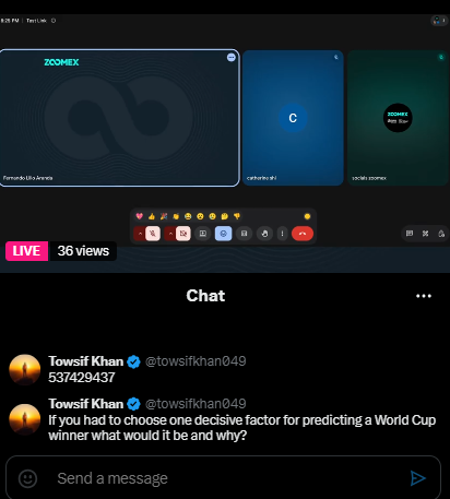towsifkhan049's tweet photo. @ZoomexOfficial @DjibrilCisse @DieguitoCharts @bitsofwealth @Meta_BTC_ omg !

what a great moment on @ZoomexOfficial 
i have question for @DjibrilCisse

Let's solved 
If you had to choose one decisive factor for predicting a World Cup winner what would it be and why?

My uid 537429437 https://t.co/XMxdoV35u1