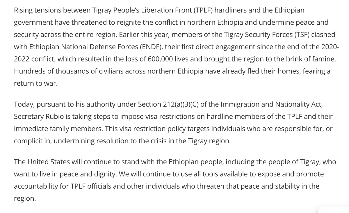_hudsonc's tweet photo. US announces visa sanctions on "TPLF hardliners" for undermining peace in Ethiopia and the region.  Interesting that this seems to replace any high-level diplomatic effort or visit to the region to first assess the situation and instead goes direct to sanctions.  Diplomacy is dead. https://t.co/U7AEBIf5jE