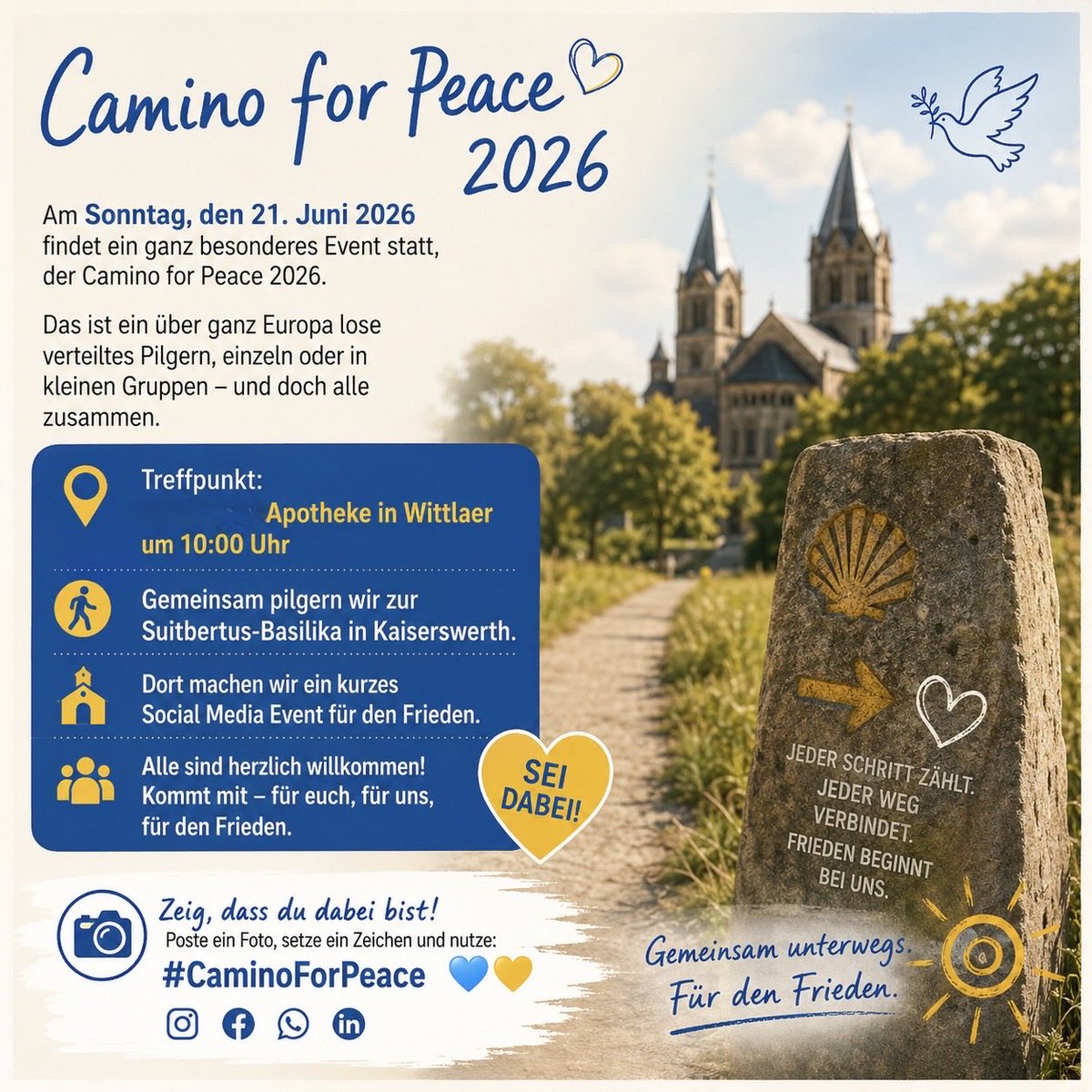 BrigittMayer's tweet photo. Ich laufe für den Frieden, kommt ihr mit? Details im Flyer Gemeinsam zur Suitbertus-Basilika in Kaiserswerth Kurzes Social-Media-Zeichen für Frieden
#CaminoForPeace 💙💛#CaminoKaiserswerth 

https://t.co/eRfKS6CHvd https://t.co/OQ2NbmbNrD