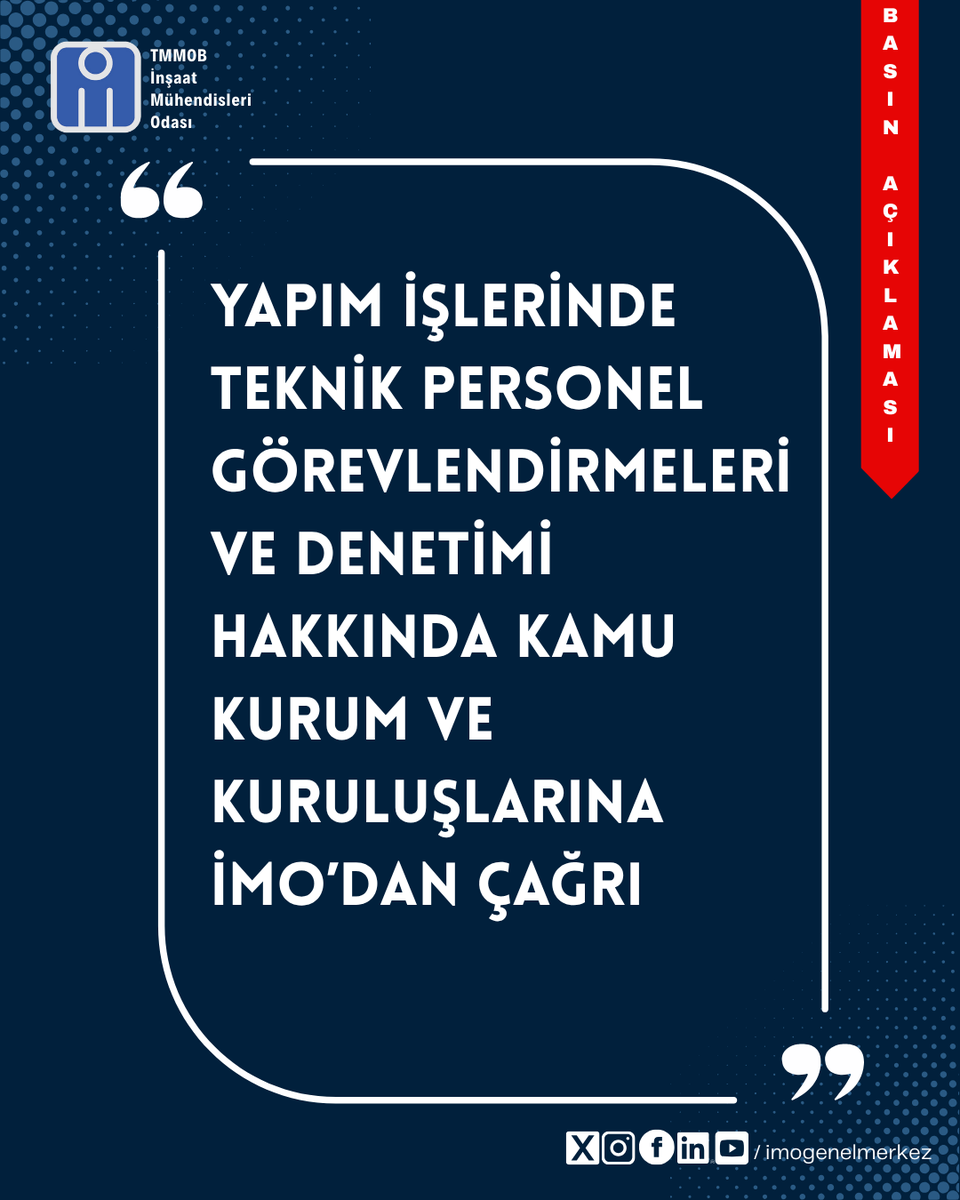 imomerkez's tweet photo. 🔷Yapım İşlerinde Teknik Personel Görevlendirmeleri ve Denetimi Hakkında Kamu Kurum ve Kuruluşlarına İMO’dan Çağrı
📍TMMOB İnşaat Mühendisleri Odası olarak, tüm kamu kurum ve kuruluşlarını mevzuatı uygulamaya ve şu acil önlemleri almaya davet ediyoruz:
1⃣ Devam eden işlerde görevli teknik personelin çalışma ve sigortalılık durumları YDS ve SGK sistemleri üzerinden sıkı şekilde denetlenmeli, mükerrer görevlendirmeler engellenmelidir.
2⃣ Aykırılık tespit edilen şantiyelerde derhal iş durdurulmalı, idari ve cezai yaptırımlar tavizsiz uygulanmalıdır.
3⃣ İhale ve sözleşme aşamalarında teknik personelin mesleki kısıtlılığının ve deneyiminin denetlenebilmesi için, ilgili meslek odasından alınmış “Yapım Hizmetleri İçin Teknik Personel Oda Kayıt Belgesi” ihale dokümanlarında zorunlu belge olarak aranmalıdır.

🔗Açıklamanın tamamı 👇
https://t.co/nNsXz3jxHS