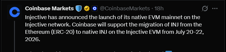 OguzieWisdom's tweet photo. This is actually a big deal for many @coinbase users.

For a long time, if you held $INJ on Coinbase, you only had the ERC-20 version. Which meant if you wanted to stake, join the community buyback, or do anything meaningful with the token on @injective mainnet, you had to bridge it yourself first.

That's getting fixed. Between July 20-22, Coinbase is migrating $INJ from Ethereum ERC-20 to native INJ on the Injective EVM, which can be used on both mainnet and EVM. 

Here's what you need to know:

-If you hold ERC-20 INJ anywhere outside Coinbase, deposit it before July 20, and it gets converted for you automatically. 1:1. No fees. You don't have to do anything else.

-Deposits and withdrawals will pause briefly during the migration window.

-After it's done, Coinbase will only support native INJ on the Injective EVM in the future.

One less reason to not be fully onboarded to Injective. About time.