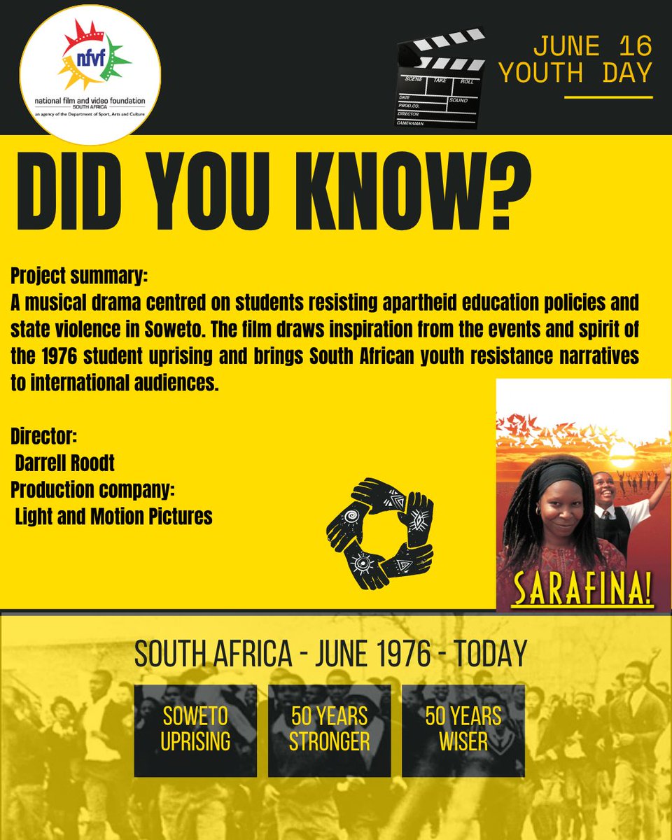 nfvfsa's tweet photo. 💡DID YOU KNOW? SARAFINA!🎞️
Sarafina! is one of the most globally recognised films inspired by the Soweto student uprising, using music and performance to depict youth resistance within the apartheid-era schooling system.
#50FORWARD #IAMCHANGE https://t.co/4gq2WqpTJl