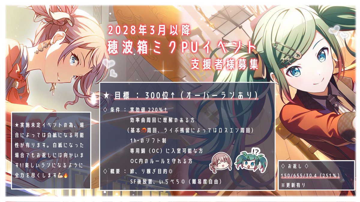 myuu_1027's tweet photo. WLpart3お疲れ様でした🍵🌙

かなり先のお話にはなりますが、2028年以降穂波箱ミクPUイベントにて、TOP300⬆️を目指して走る為、支援者様を募集しております💫🥁🔥

リプかDMにて、お気軽にお声掛けして下さると幸いです🍀（所載等ALT）

#プロセカ募集 #プロセカ協力 #プロセカ支援 https://t.co/Ys2Z1ZraF5