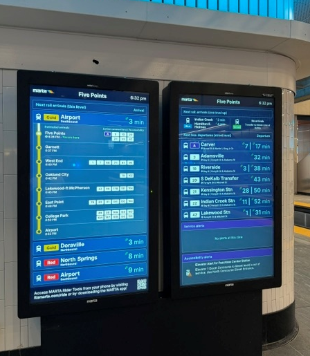 MCxinnovation's tweet photo. New digital information signs are active at #MARTA Five Points Station as part of investments in real-time information, wayfinding, and other enhancements to all rail stations. Great job MARTA team! https://t.co/Pqmz8hwA0r