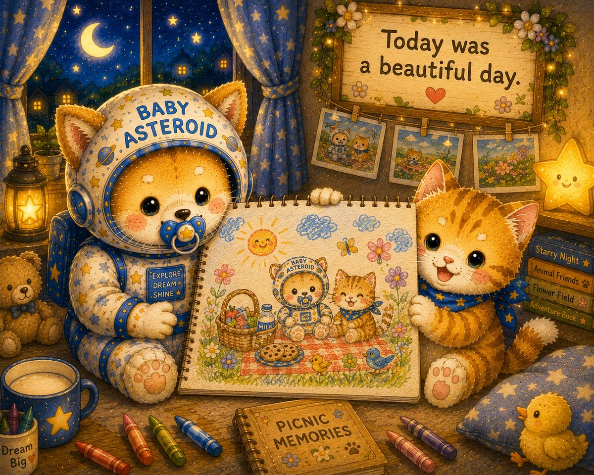 OG_BABY_BSC's tweet photo. 🌙 Good night, little adventurers.

Today was a beautiful day. 🌼✨

We filled a page with happy memories,
and we’ll carry them into our dreams tonight. 📖💛

Sweet dreams.

#BABYASTEROID #PicnicDay #StorybookArt https://t.co/Q1IrbmQ6o4