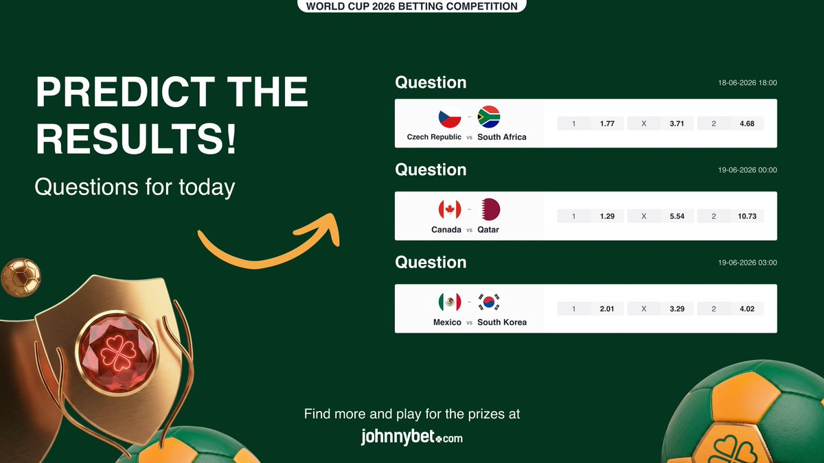 JohnnyBet_com's tweet photo. Another exciting day of World Cup action is ahead of us! 🏆⚽
More intense games on the schedule today - which one do you think will bring the most drama?

Czech Republic vs South Africa 🇨🇿 🇿🇦
Switzerland vs Bosnia and Herzegovina 🇨🇭 🇧🇦
Canada vs Qatar 🇨🇦 🇶🇦
Mexico vs South Korea 🇲🇽 🇰🇷

Drop your exact score predictions in the comments! 👇

Make sure to submit your tips in our free betting competition to play for the €7,000 prize pool! 🔥🤩

👉 https://t.co/ZjzdAfokKK

#WorldCup #FIFAWorldCup #CZERSA #CANQAT #SWIBIH #MEXKOR