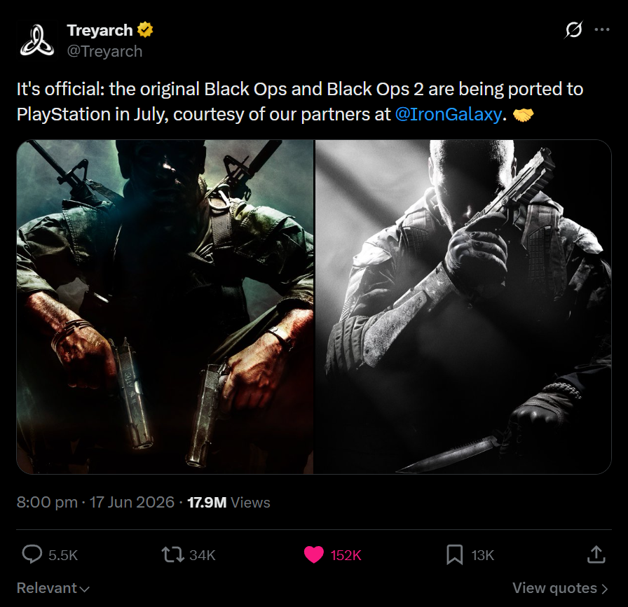 MrDalekJD's tweet photo. Treyarch’s post announcing the Black Ops 1 &amp; Black Ops 2 ports is about to cross DOUBLE THE LIKES than the MW4 Reveal Trailer post in less than 24 hours... 🤯 https://t.co/nEGNVLXjyL