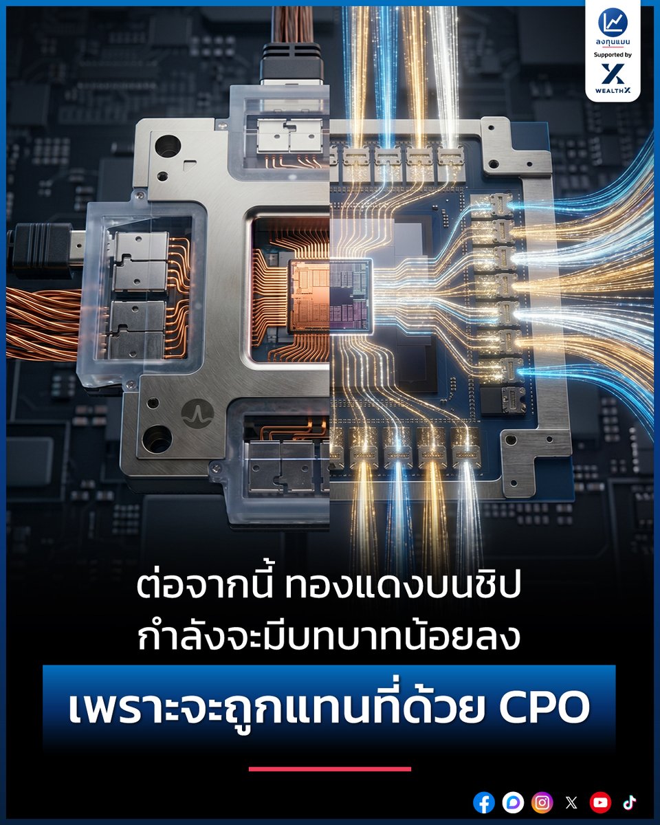 longtunman's tweet photo. ต่อจากนี้ ทองแดงบนชิป กำลังจะมีบทบาทน้อยลง เพราะจะถูกแทนที่ด้วย CPO /โดย ลงทุนแมน

หลายคนรู้ดีว่า “ทองแดง” คือวัสดุที่นำไฟฟ้าได้ดี และมีประสิทธิภาพสูงสุด

แต่ในตอนนี้ภาพนั้นกำลังจะเปลี่ยนไป เพราะในโลกเทคโนโลยีต่อจากนี้ ทองแดง ที่ใช้สำหรับนำไฟฟ้าโดยเฉพาะการประมวลผล Data Center และ AI กำลังจะมีบทบาทน้อยลงไป

เพราะในอนาคตข้างหน้า “แสง” กำลังจะมีบทบาทสำคัญมากขึ้น สำหรับการประมวลผล AI

แล้วทำไม “แสง” ถึงเข้ามา Disrupt ทองแดงมากขึ้นเรื่อย ๆ และเป็นกุญแจสำคัญของ Data Center ในยุคถัดไป

ลงทุนแมนจะเล่าให้ฟัง
https://t.co/CxQorKvdiC