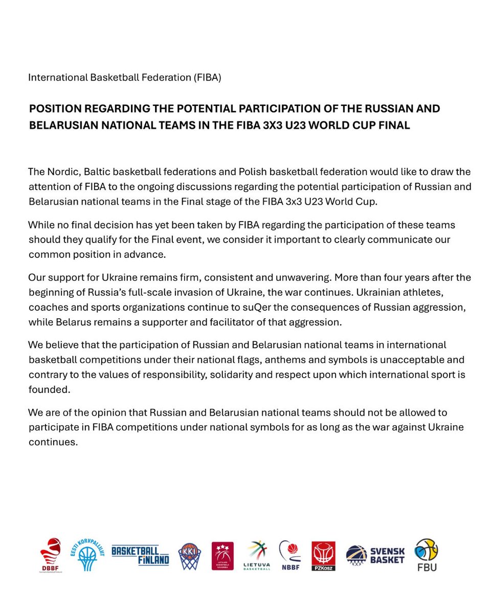 basketbols's tweet photo. The Nordic, Baltic and Polish basketball federations reaffirm their joint and unwavering position:

Our support for Ukraine remains firm.
Our principles remain clear.
Our unity remains stronger than ever. 🇺🇦 https://t.co/NP3NYARt1P