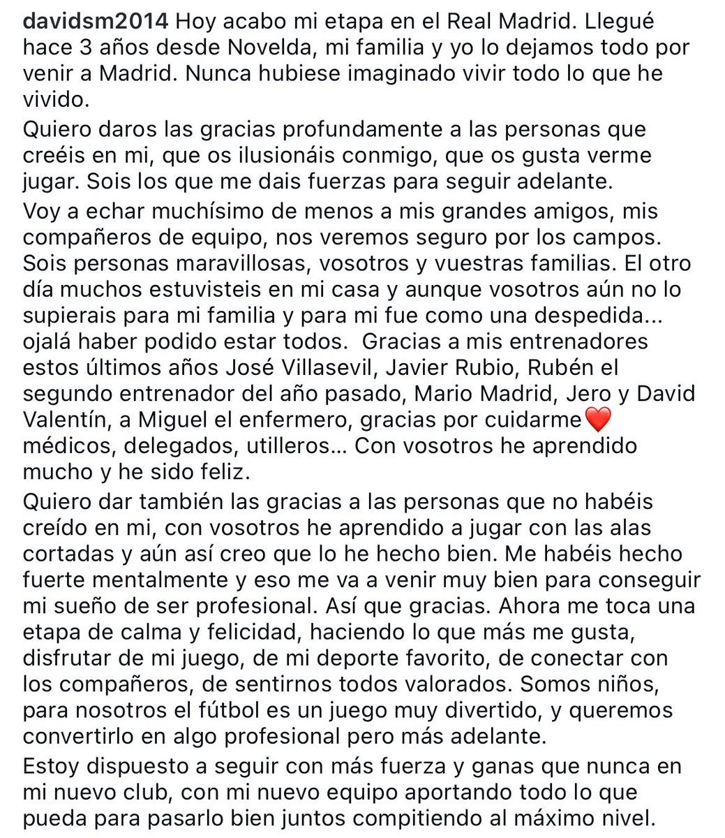 JoelGuerrerorz's tweet photo. 🚨⚪️ David Sánchez Miralles, canterano del Real Madrid (Alevín A) y una de las mayores joyas de La Fábrica, se marcha tras 3 años en el club.

“He aprendido a jugar con las alas cortadas y aun así creo que lo he hecho bien”.

“Somos niños, para nosotros el fútbol es un juego muy divertido y queremos convertirlo en algo profesional, pero más adelante”.

“Decido irme a buscar mi felicidad”.

Con su marcha, el Real Madrid pierde a una de sus mayores promesas de cara al futuro.

@RMadridistaReal