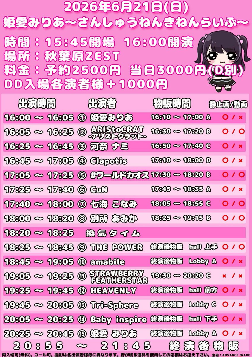 advance_wave's tweet photo. 6/21(日)姫愛みりあ～さんしゅうねんきねんらいぶ～
時間：15:45開場
場所：秋葉原ZEST
料金：予約2500円(D別)※DD入場＋1000円
出演：姫愛みりあ/amabile/CuN/STRAWBERRY FEATHERSTAR/#ワールドカオス/THE POWER/Clapotis/ARIStoCRAT-ｱﾘｽﾄｸﾗｯﾄ-/七海こなみ/他

予約
https://t.co/NSsN6ZApKo https://t.co/7mcrDOFeeN