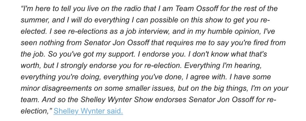 MurphyAJC's tweet photo. Conservative radio host @shelleywynter1, one of Gov. Brian Kemp’s biggest boosters in 2022, endorsed @ossoff yesterday on the air. “Everything you're doing, everything you've done, I agree with. I have some minor disagreements…but on the big things, I'm on your team.” https://t.co/SAaqurAHwJ