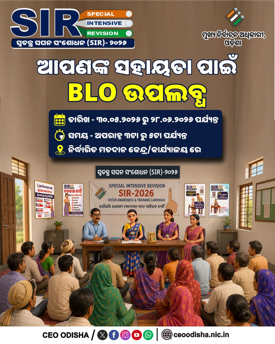 OdishaCeo's tweet photo. SIR 2026 ସମ୍ପର୍କରେ ସହାୟତା ଦରକାର କି? 📋

୩୦ ମଇରୁ ୨୮ ଜୁନ ପର୍ଯ୍ୟନ୍ତ, ପ୍ରତିଦିନ ଅପରାହ୍ନ ୩ଟାରୁ ୫ଟା ମଧ୍ୟରେ ନିର୍ଦ୍ଧାରିତ ମତଦାନ କେନ୍ଦ୍ର/କାର୍ଯ୍ୟାଳୟରେ BLOମାନେ ଆପଣଙ୍କ ସହାୟତା ପାଇଁ ଉପଲବ୍ଧ ରହିବେ।

#SIR2026 #VoterSupport #CEOOdisha #ECI #SIR https://t.co/MbbJOdEDPx