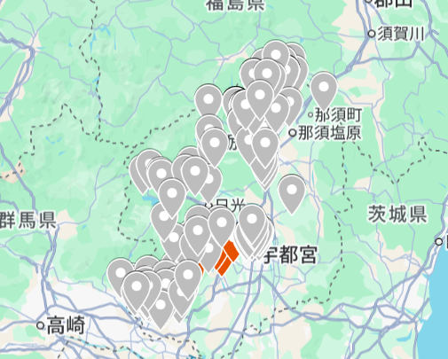 4月1日以降に栃木県で確認されたクマを地図にまとめてみた。赤は直近1