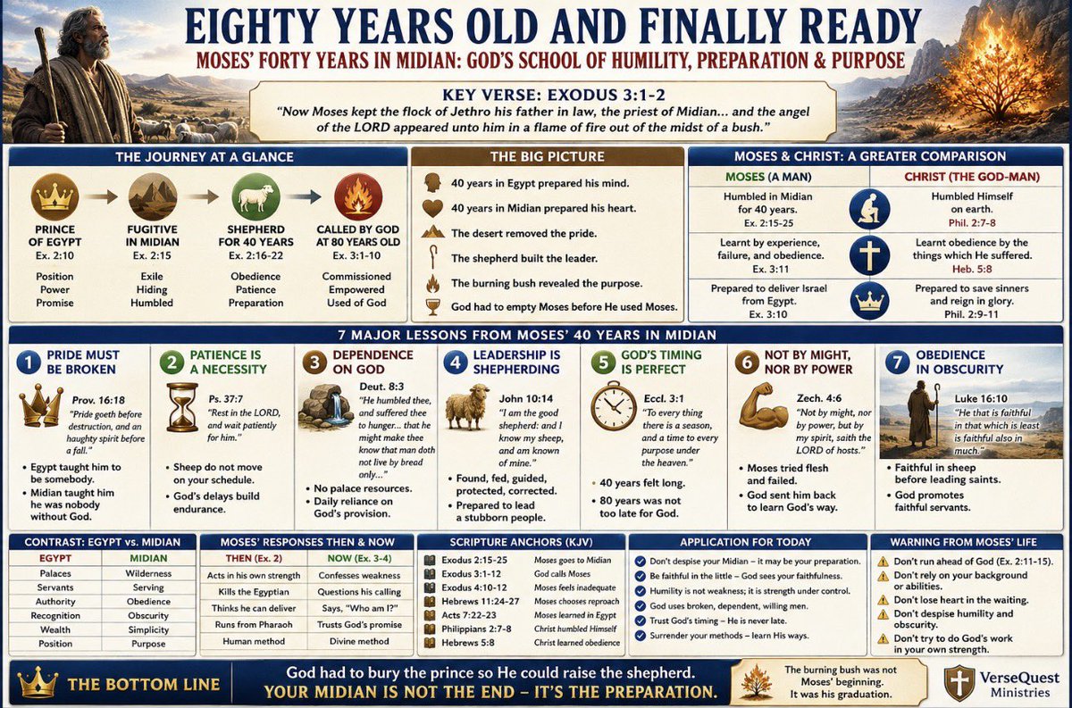 TNTJohn1717's tweet photo. 📖 Eighty Years Old and Finally Ready

Before Moses could lead a nation, God led one man into the desert. This chart explores Moses’ forty years in Midian, the forgotten years that became God’s school of humility, patience, dependence, and preparation. From prince of Egypt to shepherd of sheep, Moses learned lessons that no palace could teach and no classroom could provide.

Discover the powerful contrast between Egypt and Midian, the seven major lessons God taught Moses in obscurity, and how his journey points to the greater humility of the Lord Jesus Christ. Sometimes what feels like a delay is actually divine preparation. The burning bush was not the beginning of Moses’ training, it was his graduation.

Your Midian is not the end. It may be where God is getting you ready for what comes next. #VerseQuest #KJV #BibleStudy #Moses #Exodus #ChristianGrowth #RightlyDividing #VerseQuestMinistries