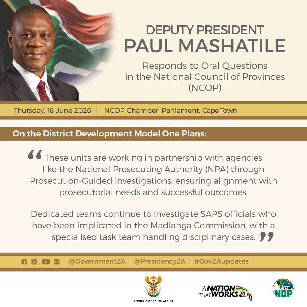 PMashatile's tweet photo. Senior managers within the SAPS are nowundergoing vetting by the State Security Agency (SSA) to reinforce integrity, while internal audits, ethics programmes, and oversight committees ensure accountability.

Through these measures, corruption cases within the SAPS are pursued transparently, reinforcing integrity and safeguarding the criminal justice system.

#MashatileQandA 
#MashatileNCOP #ExecutiveAccountability
#PaulMashatile