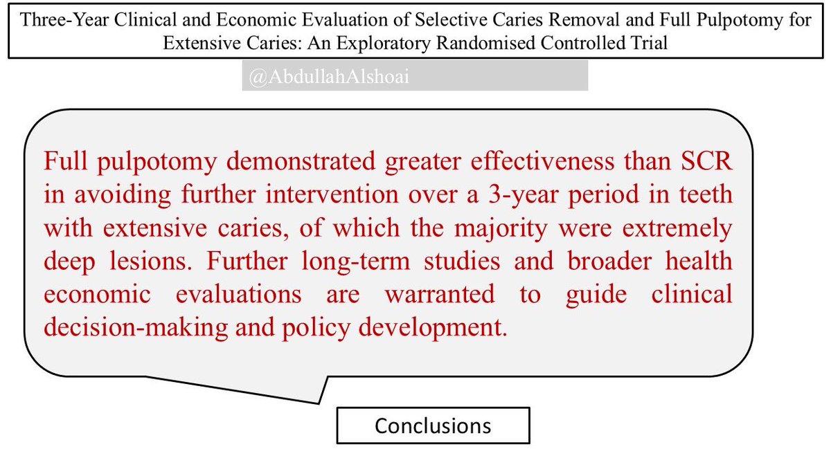 AbdullahAlshoai's tweet photo. #Dental_updates 

Three-Year Clinical and Economic Evaluation of Selective Caries Removal and Full Pulpotomy for Extensive Caries: An Exploratory Randomised Controlled Trial

International Endodontic Journal, 2026; 59:439–453 https://t.co/WghtT7tJGy