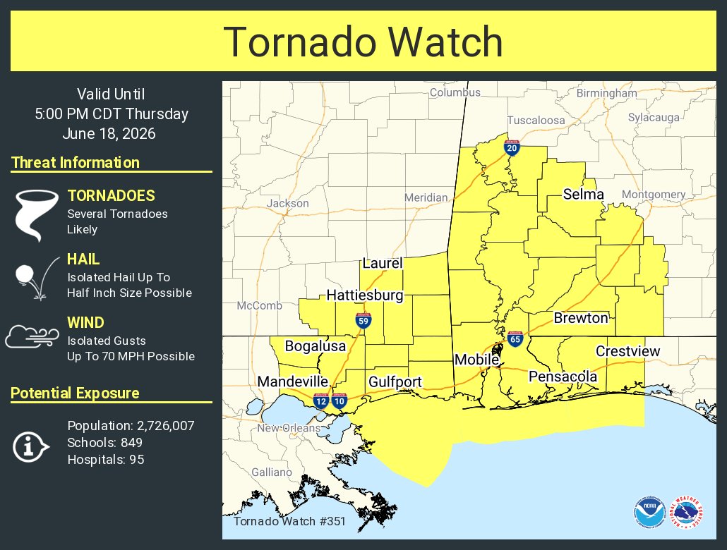 NWStornado's tweet photo. A tornado watch has been issued for parts of Alabama, Florida, Louisiana and Mississippi until 5 PM CDT https://t.co/d2iD2sVt0w