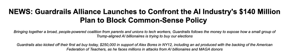 gekaminsky's tweet photo. Inbox: A new super PAC, Guardrails Alliance, launched today to take on AI industry PAC Leading the Future. It is spending $250,000 on ads supporting Alex Bores for NY 12. https://t.co/0sOwG1pKLr