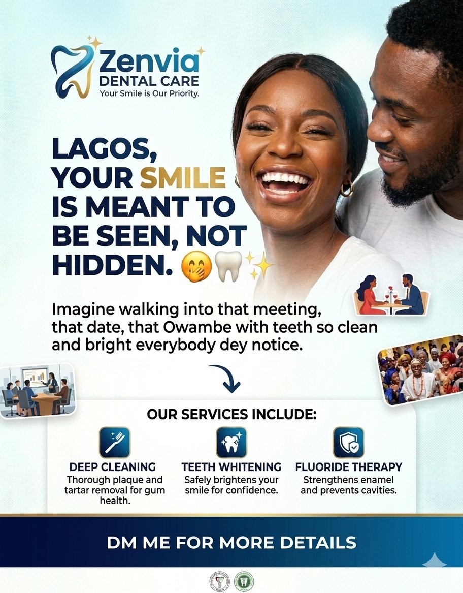 AzuhGentle's tweet photo. Lagos, your smile is meant to be seen, not hidden! 🤔🦷✨ Get that clean, bright look everybody notice in meetings, on dates, or at Owambes. Our services: 👇  #Lagos #DentalCare #ZenviaDental  #EkoForShow https://t.co/2dH3HdoqVu